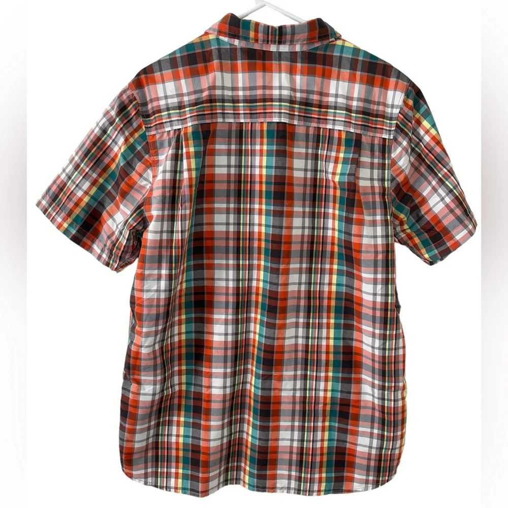 The North Face Mens Large Short Sleeve Button Up Orange Green Yellow White Plaid